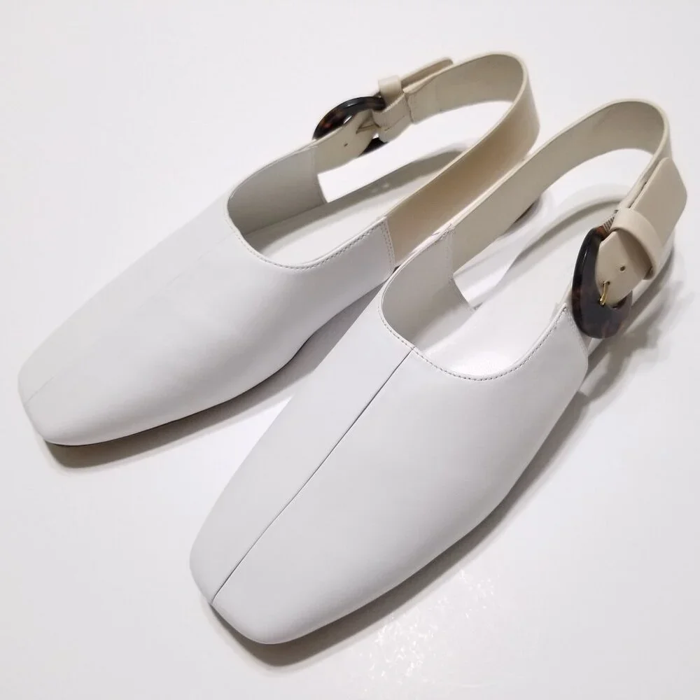NWOB Vince Cadot White Leather Tortoise Buckle Slingback Flats $275